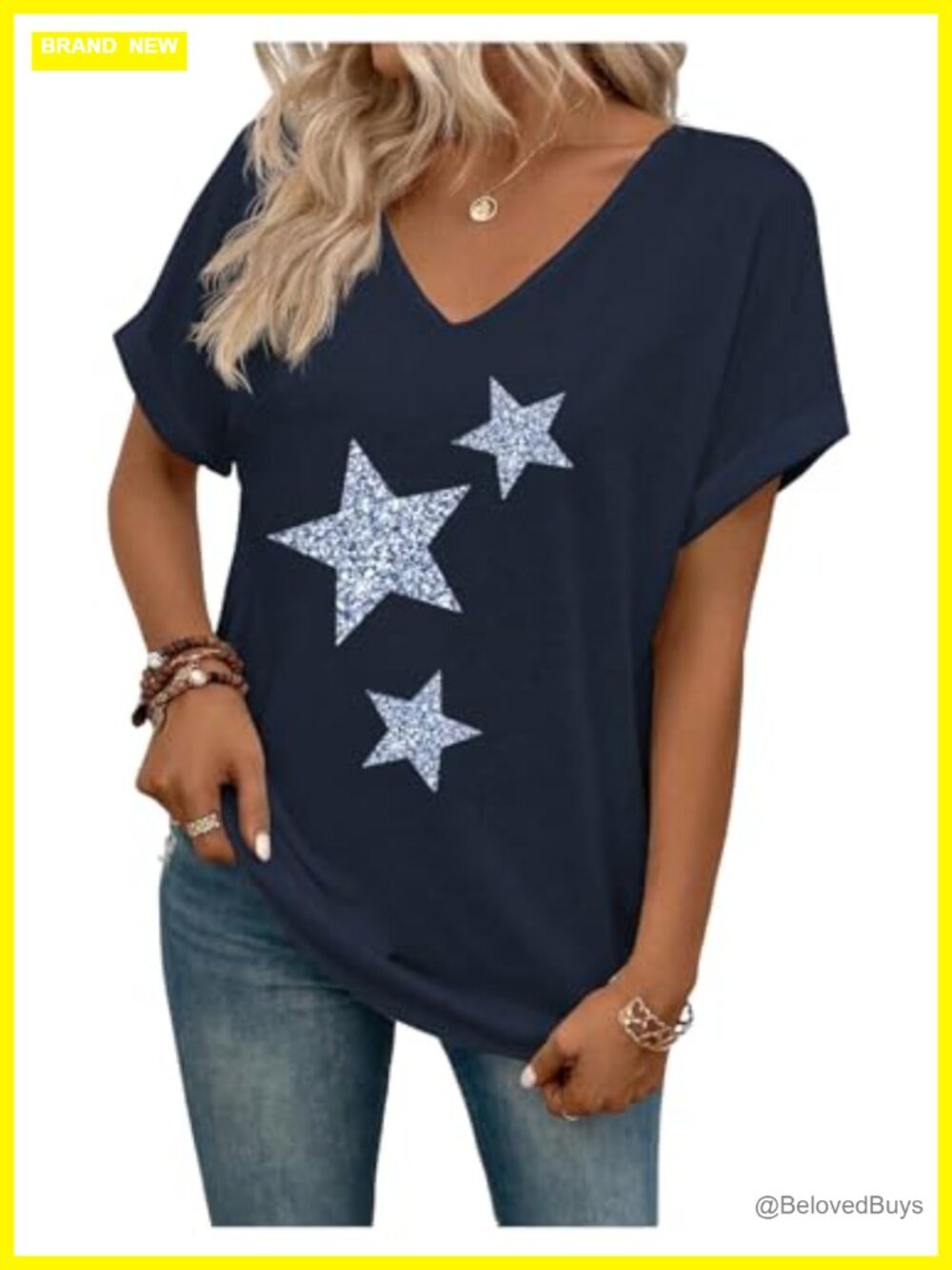 V Neck Dolman Short Sleeve Star Print Tee Shirt